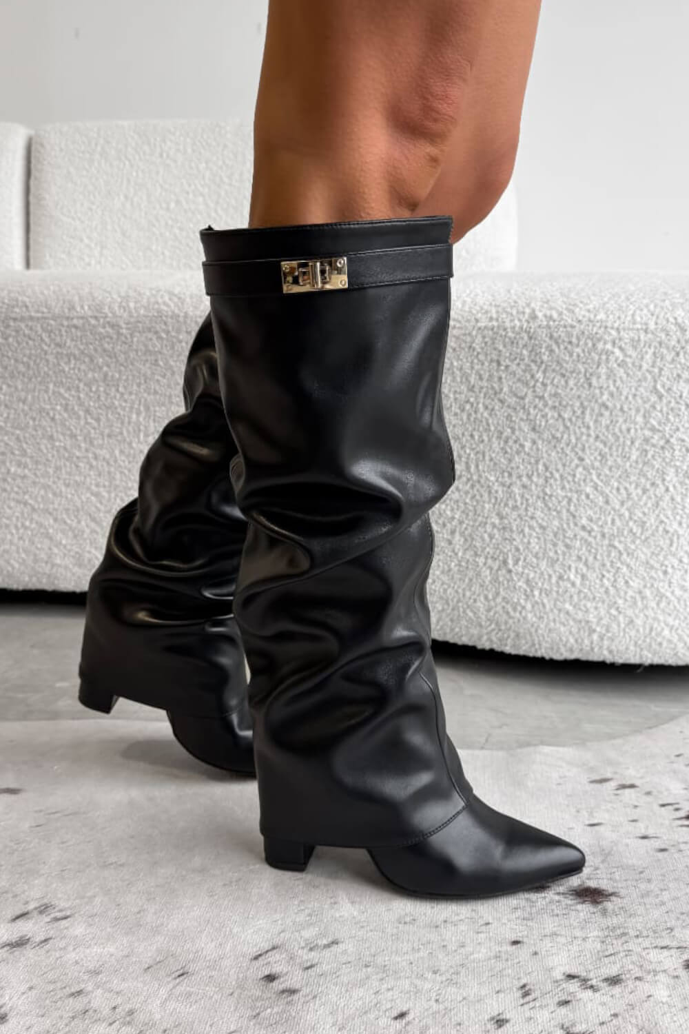 Faux Leather Slouchy Fold Over Metal Lock Detail Pointed Toe Knee High Boots
