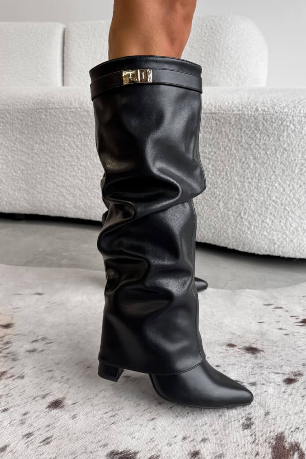 Faux Leather Slouchy Fold Over Metal Lock Detail Pointed Toe Knee High Boots