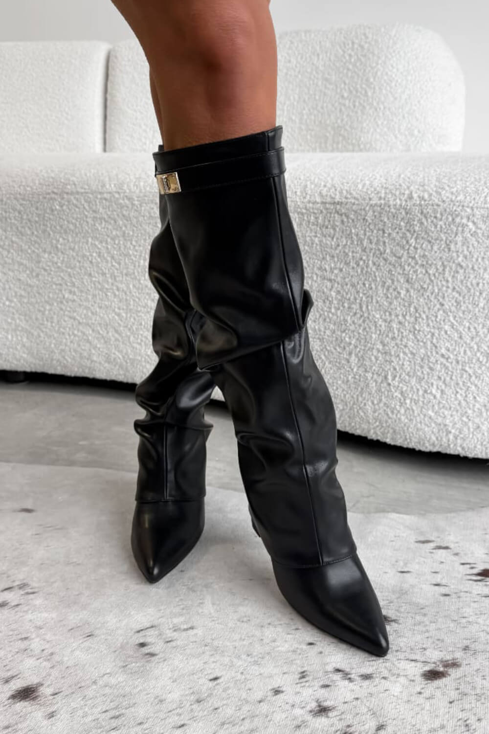 Faux Leather Slouchy Fold Over Metal Lock Detail Pointed Toe Knee High Boots