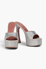 Crystal Embellished Satin Open Toe Platform Mule Sandals