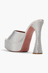 Crystal Embellished Satin Open Toe Platform Mule Sandals