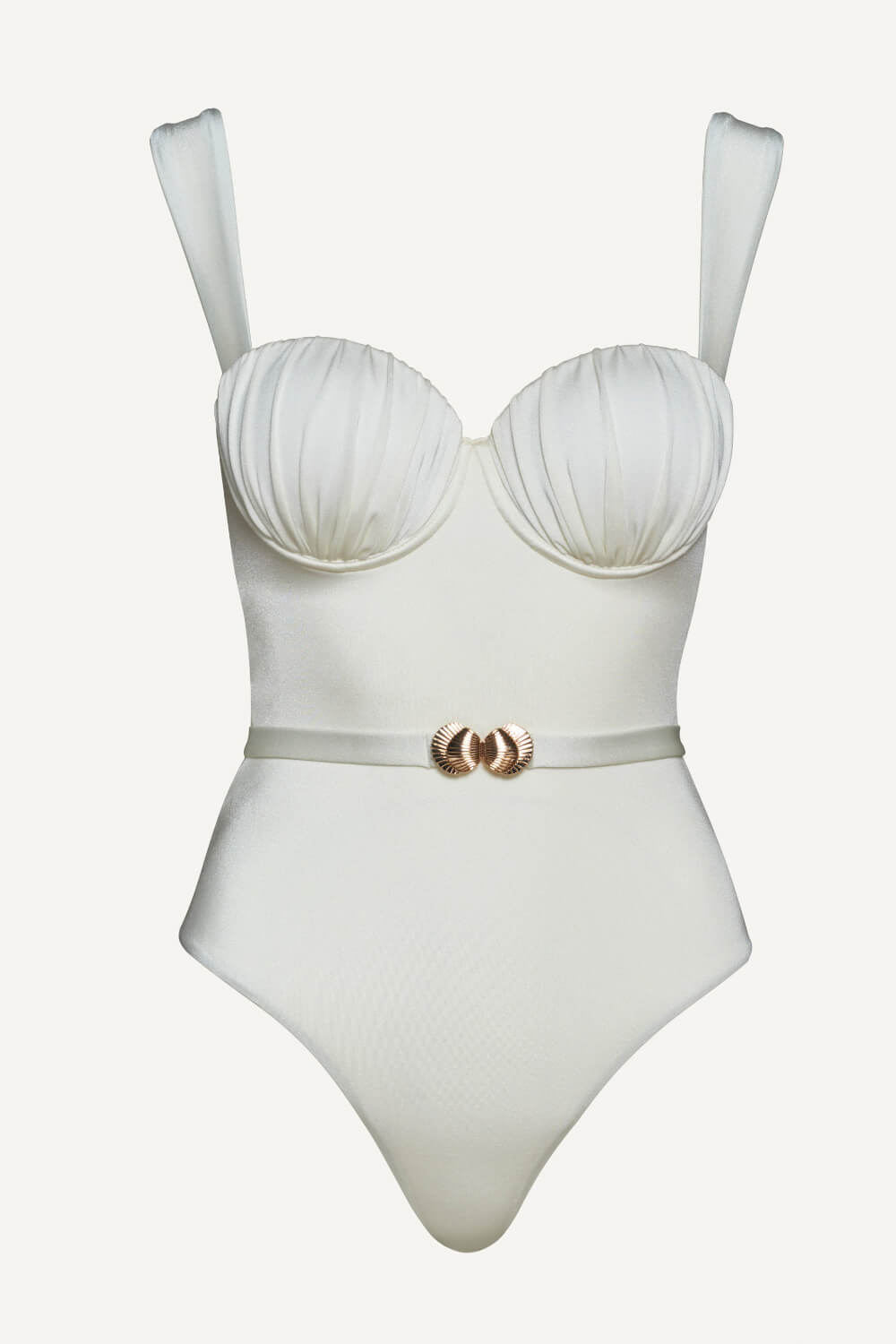 Ruched Balconette Underwire Seashell Belted One Piece Swimsuit