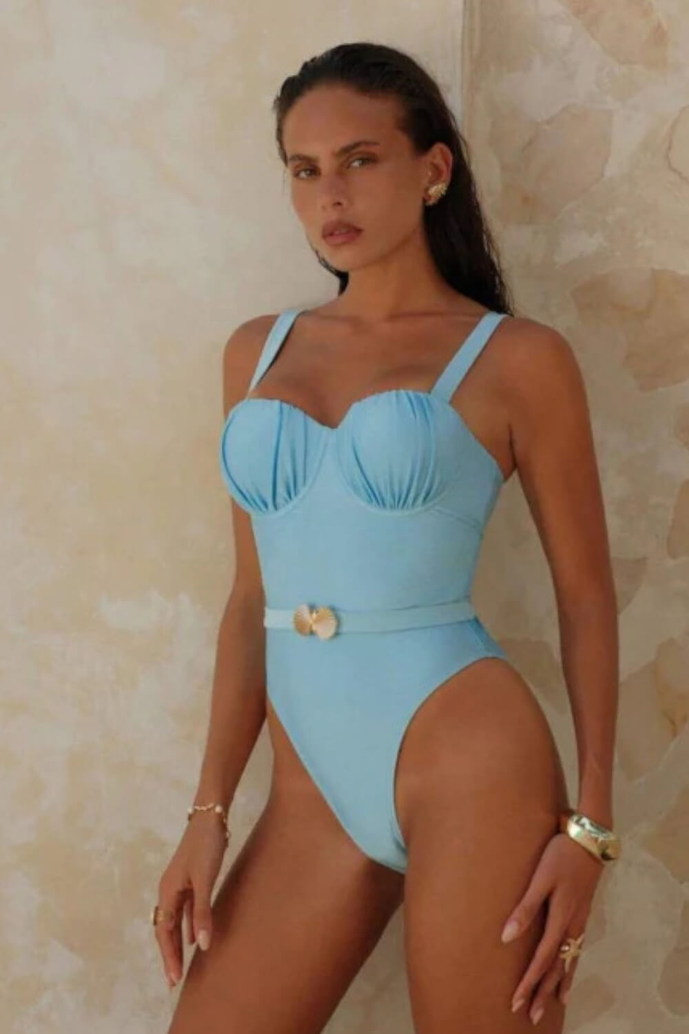 Ruched Balconette Underwire Seashell Belted One Piece Swimsuit
