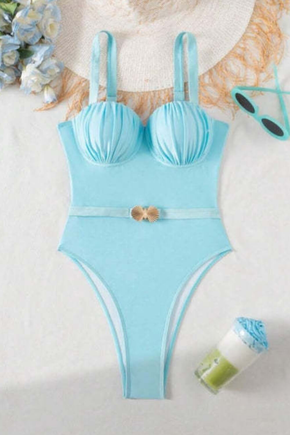 Ruched Balconette Underwire Seashell Belted One Piece Swimsuit