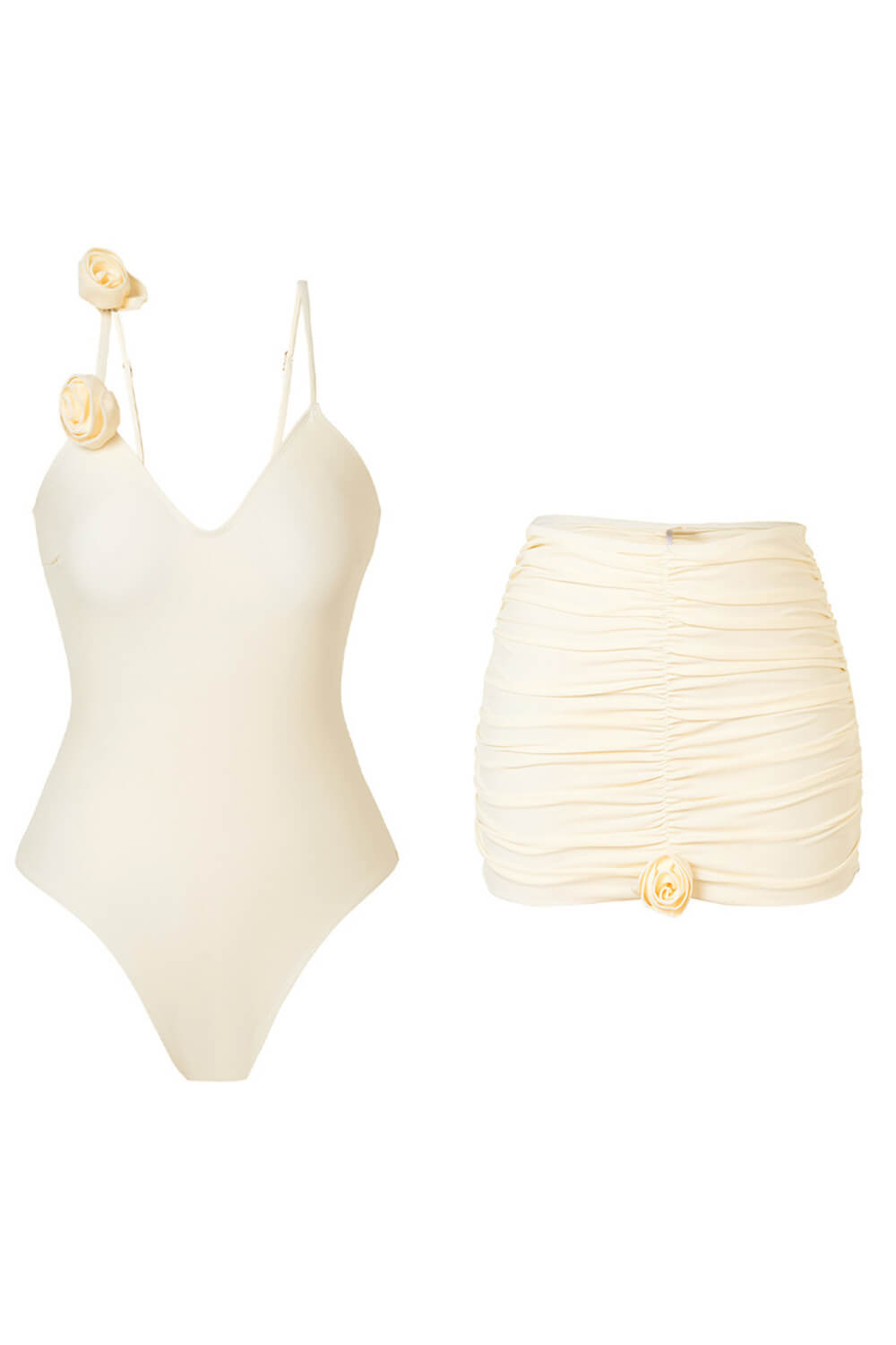 Floral Applique V-Neck One Piece Swimsuit With Gathered Mini Sarong Skirt