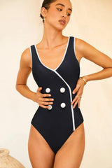 Button Front One Piece Swimsuit With Contrast Trim Details