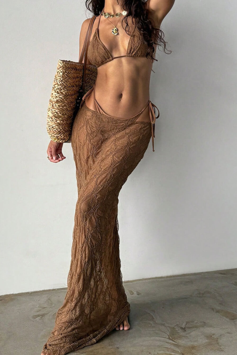 Textured Triangle Halter Tie Side Bikini Bottoms & Maxi Skirt