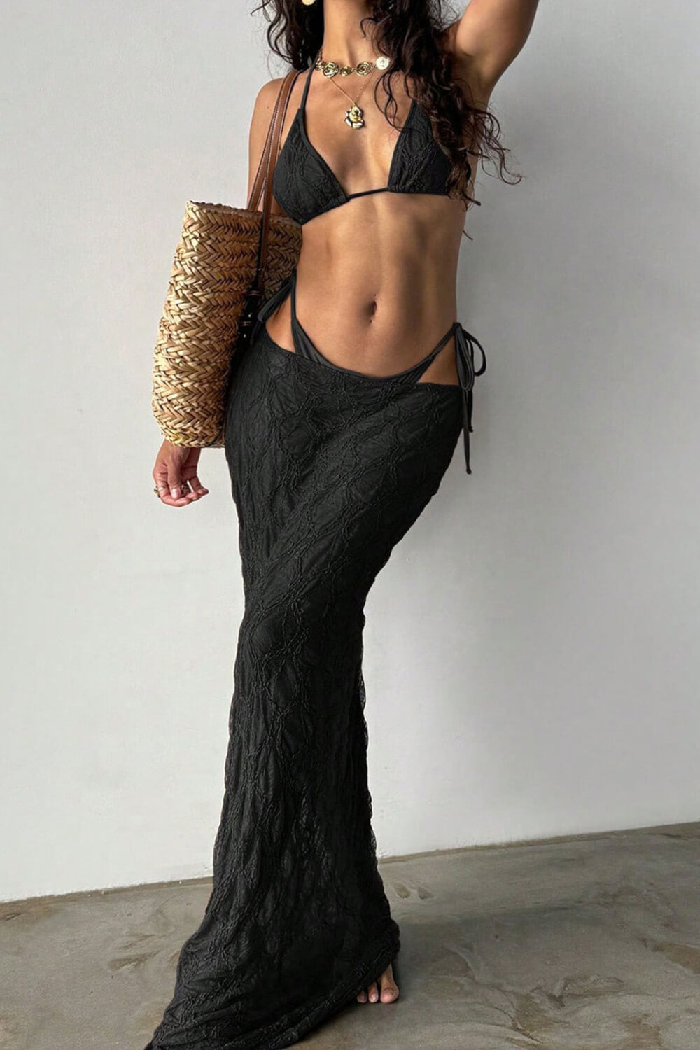 Textured Triangle Halter Tie Side Bikini Bottoms & Maxi Skirt