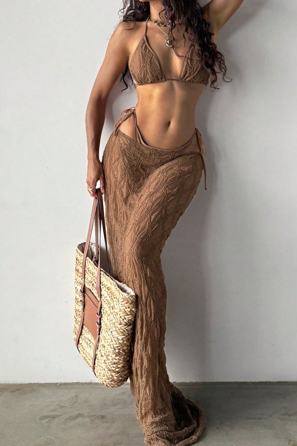 Textured Triangle Halter Tie Side Bikini Bottoms & Maxi Skirt