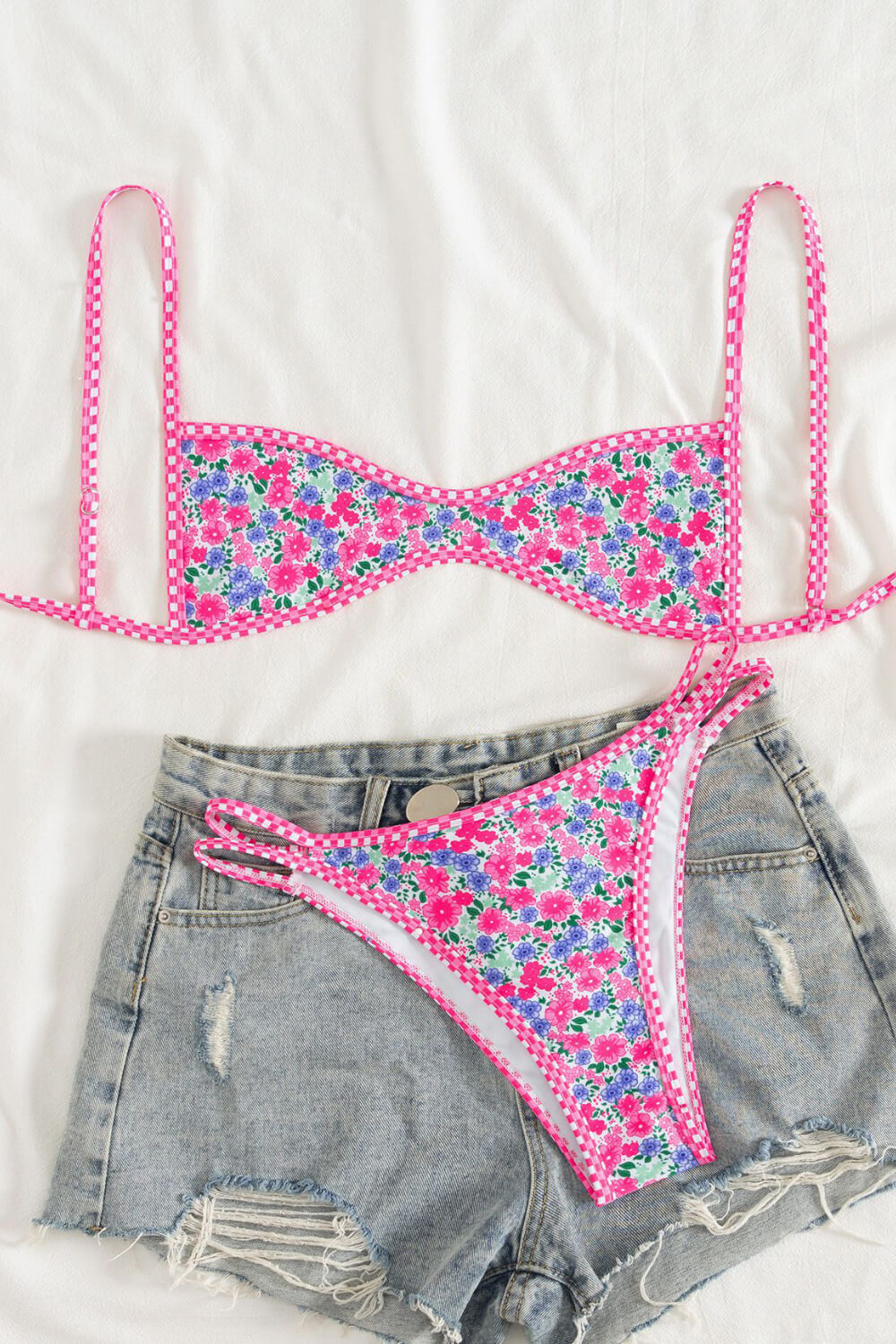 Floral Micro Bralette High-Cut Bikini Set With Orange Stripe Binding