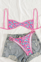 Floral Micro Bralette High-Cut Bikini Set With Orange Stripe Binding