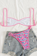 Floral Micro Bralette High-Cut Bikini Set With Orange Stripe Binding