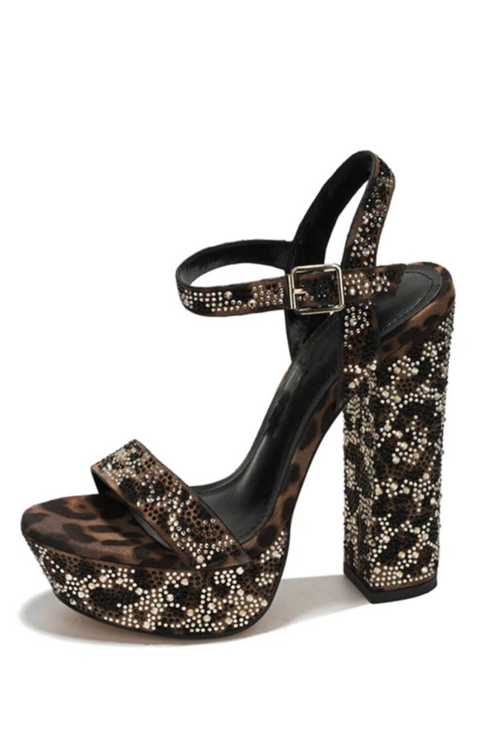 Leopard Rhinestone Print Open Toe Platform High Block Heel Sandals