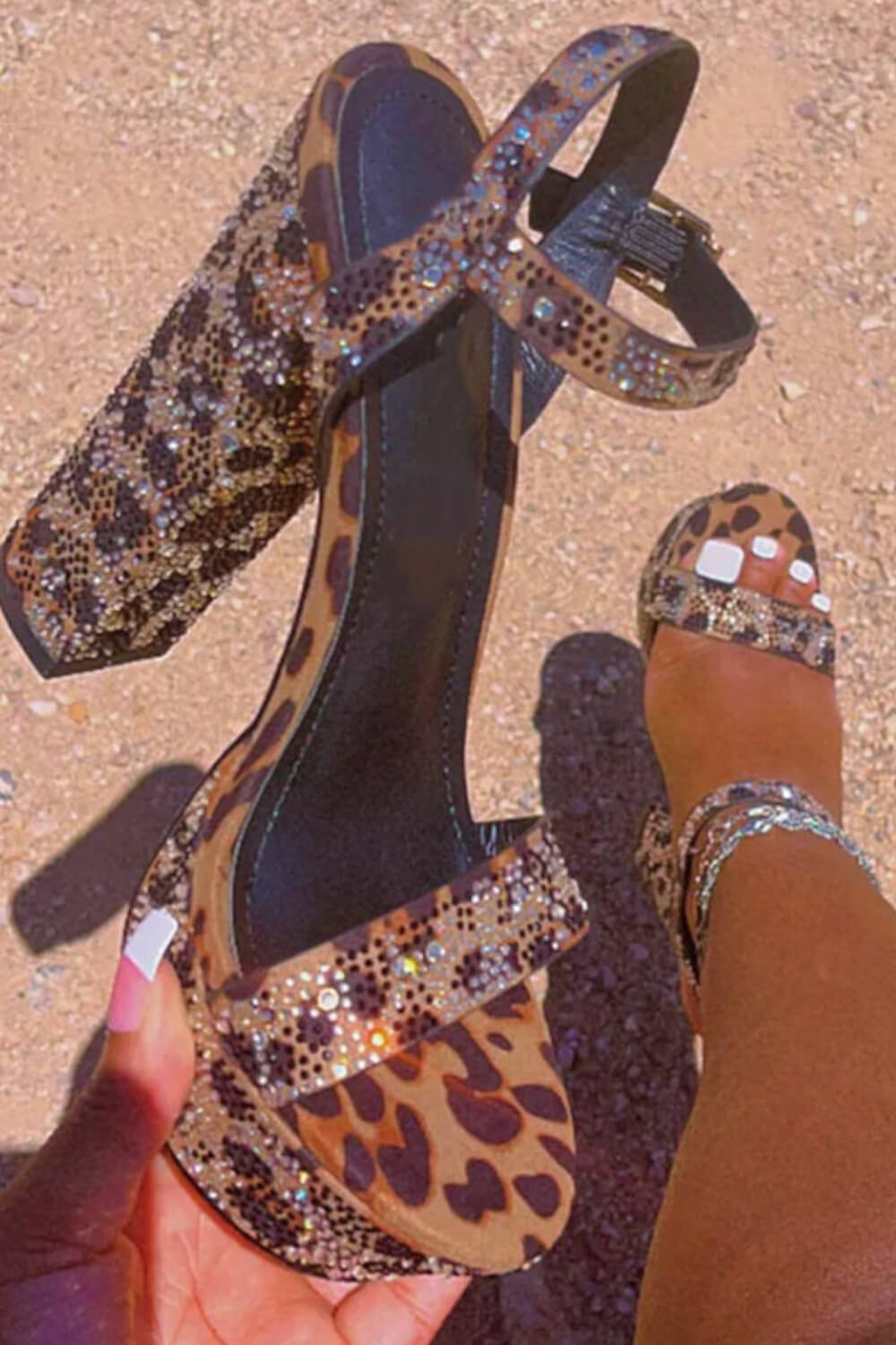 Leopard Rhinestone Print Open Toe Platform High Block Heel Sandals