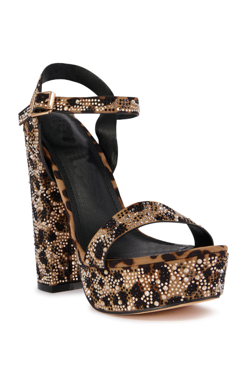 Leopard Rhinestone Print Open Toe Platform High Block Heel Sandals