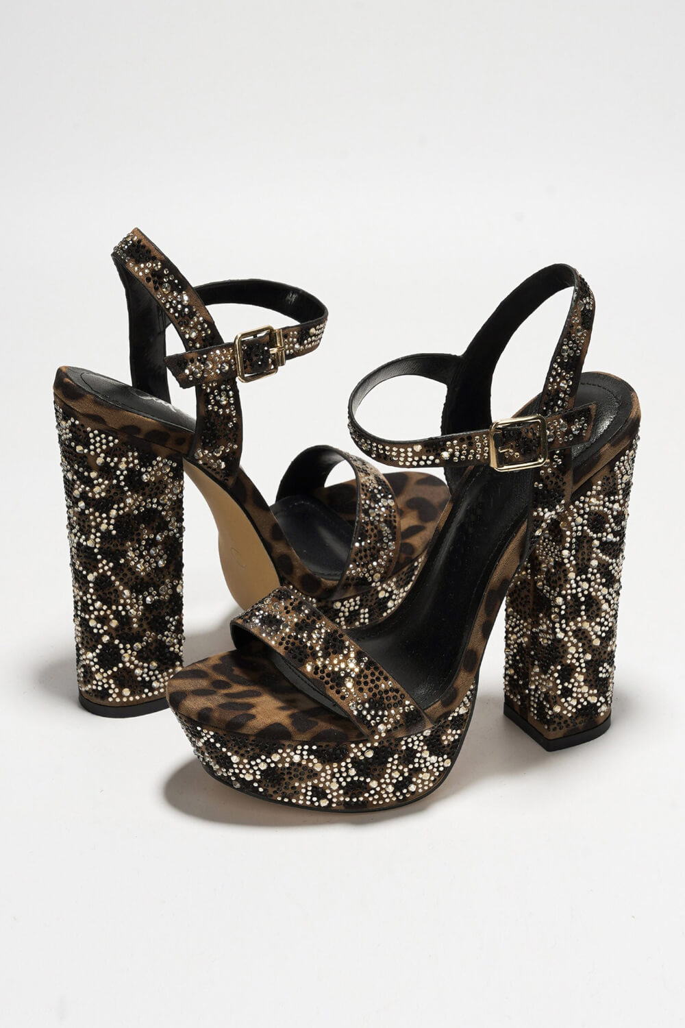 Leopard Rhinestone Print Open Toe Platform High Block Heel Sandals