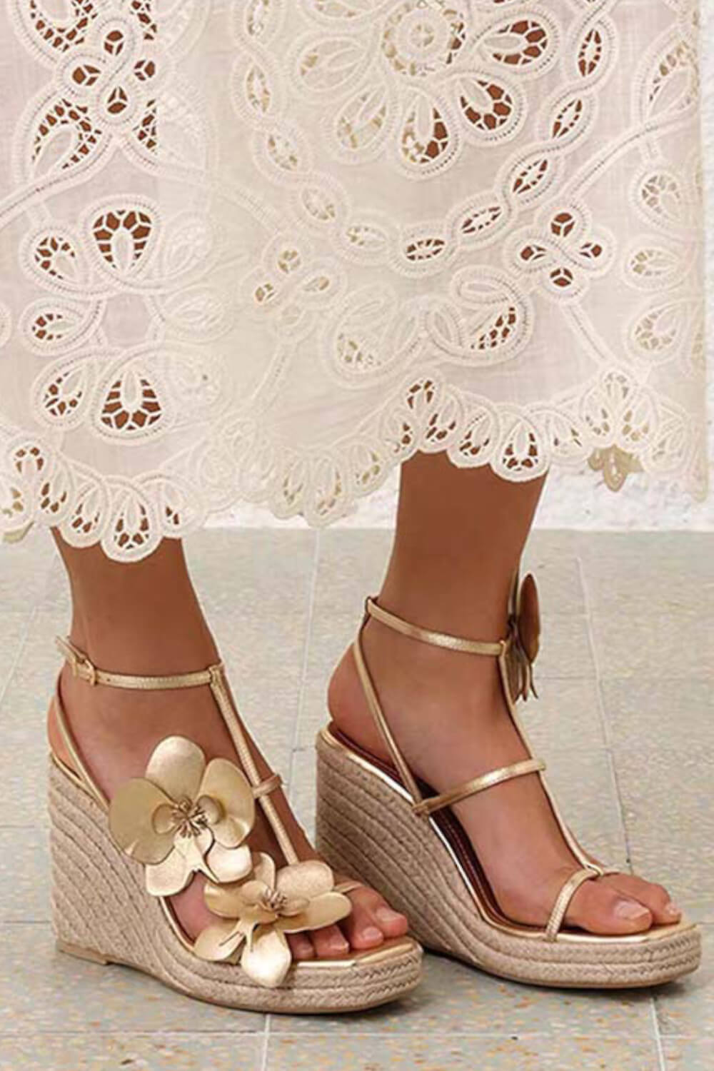 Flowers Embellished Platform Espadrille Wedge Sandals