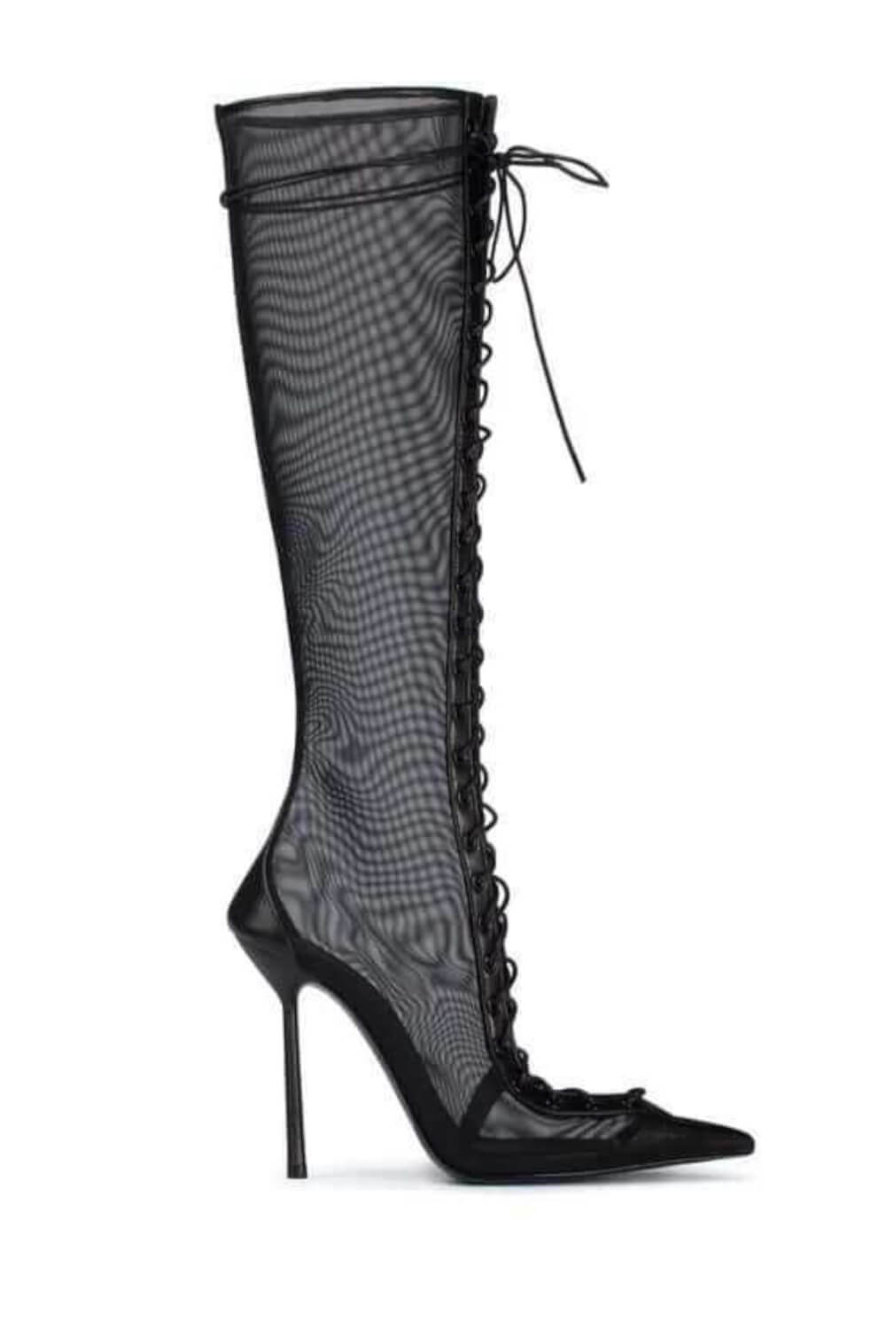 Black Mesh Laced-Up Tapered Toe Knee High Stiletto Boots