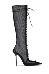 Black Mesh Laced-Up Tapered Toe Knee High Stiletto Boots