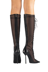 Black Mesh Laced-Up Tapered Toe Knee High Stiletto Boots