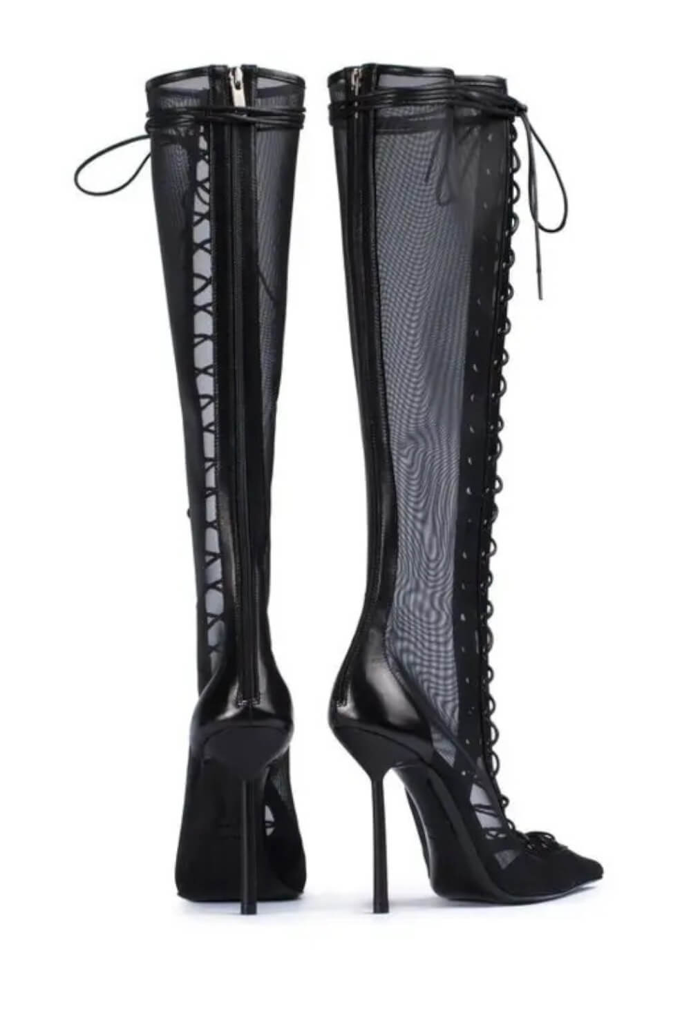 Black Mesh Laced-Up Tapered Toe Knee High Stiletto Boots