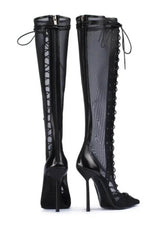 Black Mesh Laced-Up Tapered Toe Knee High Stiletto Boots