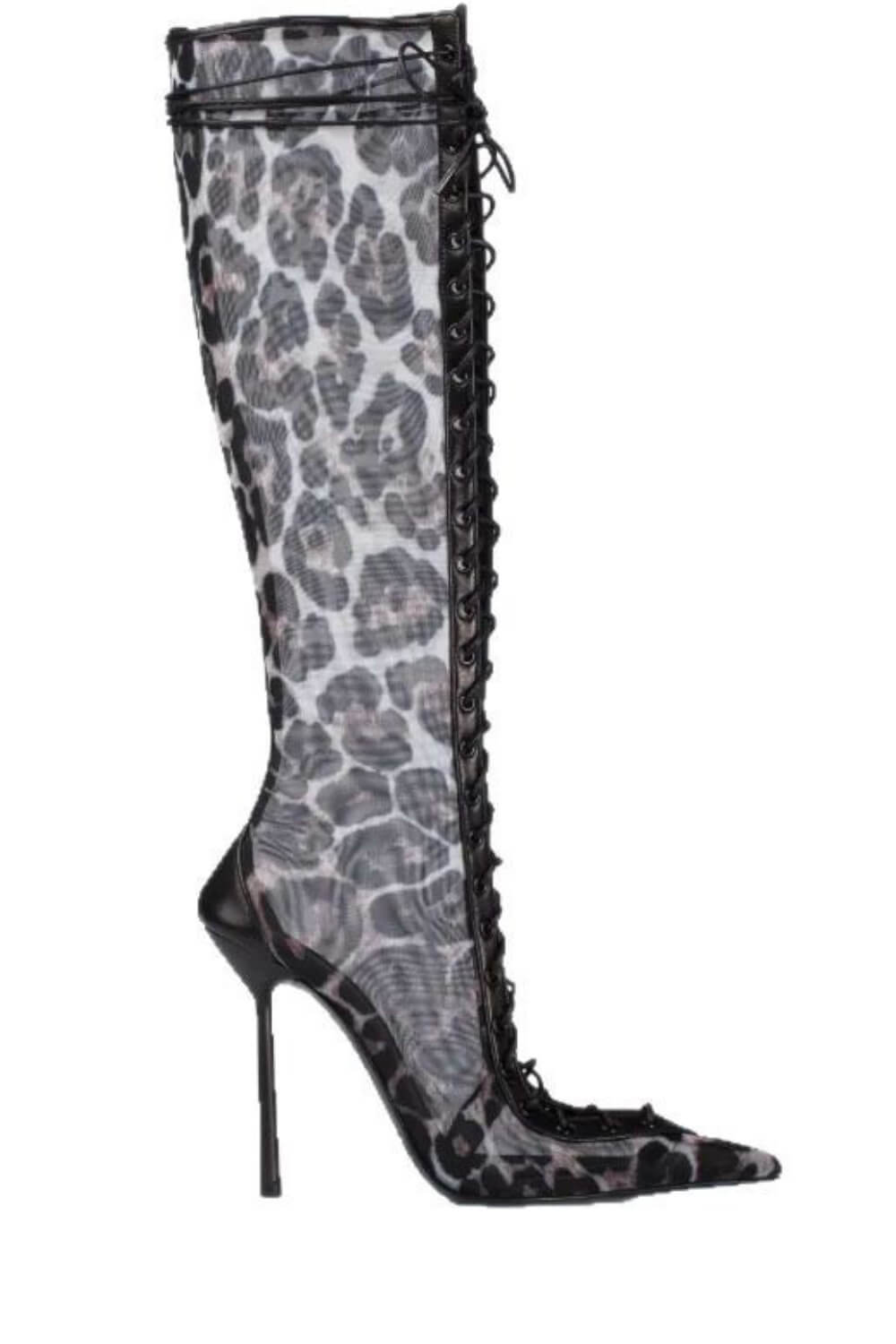 Leopard Print Mesh Laced-Up Tapered Toe Knee High Stiletto Boots