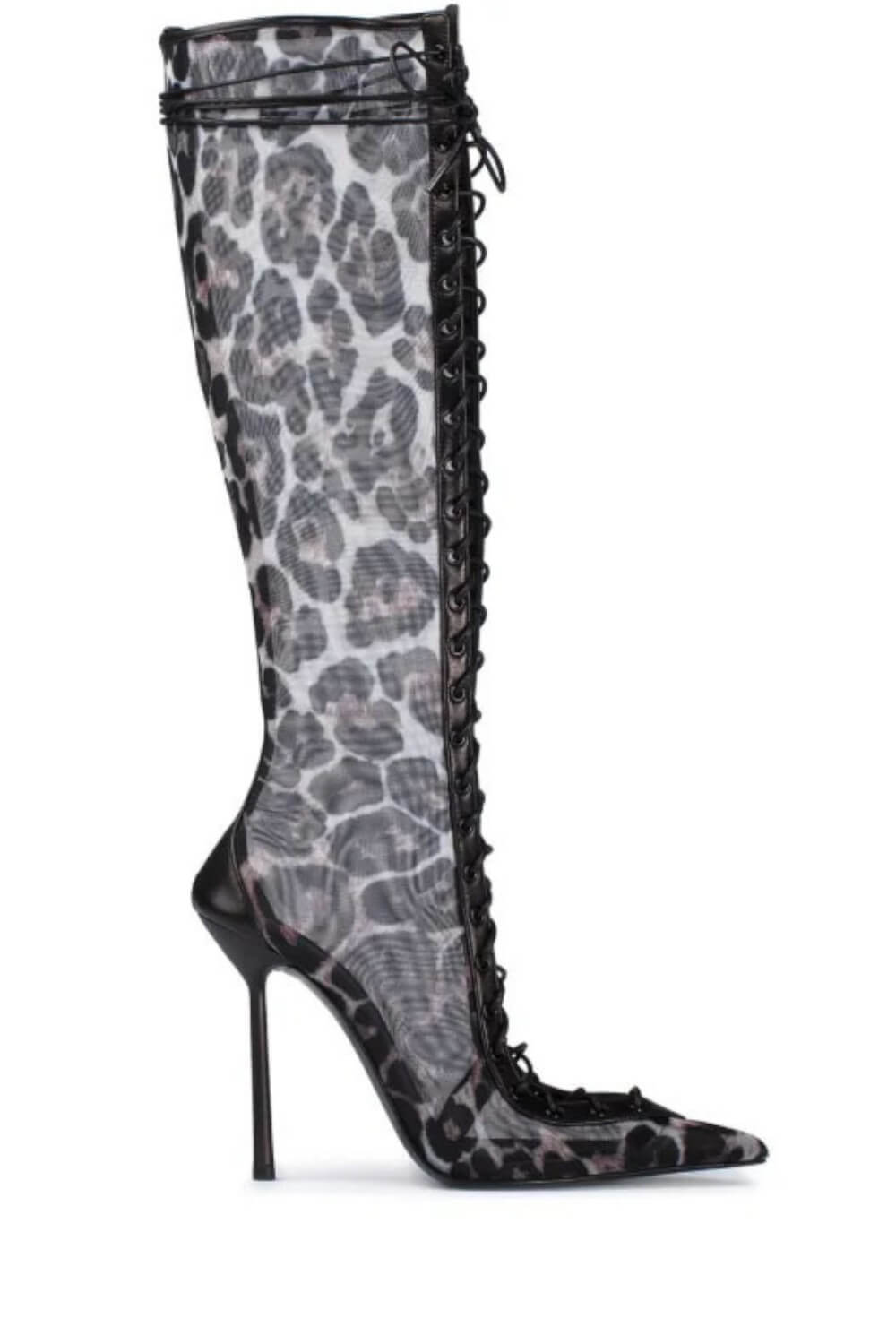 Leopard Print Mesh Laced-Up Tapered Toe Knee High Stiletto Boots