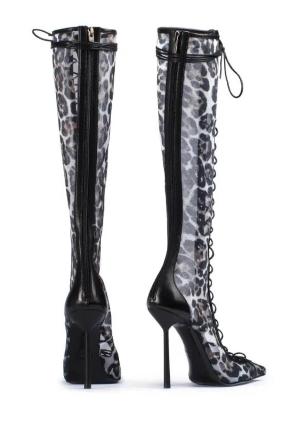 Leopard Print Mesh Laced-Up Tapered Toe Knee High Stiletto Boots