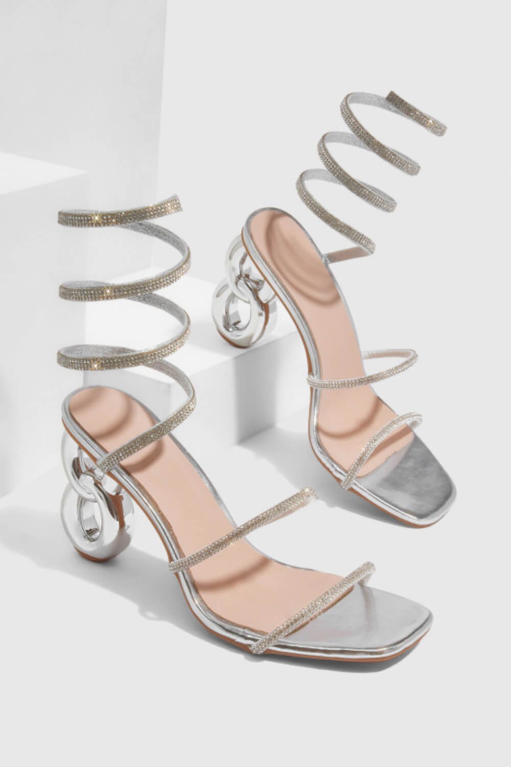 Crystal-Embellished Snake Ankle Wrap Chain Heeled Sandals