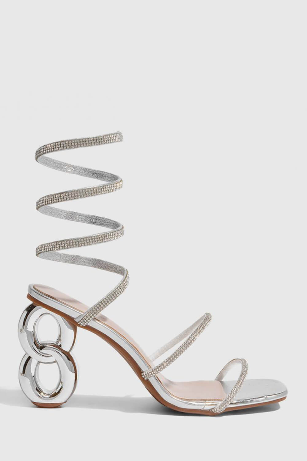 Crystal-Embellished Snake Ankle Wrap Chain Heeled Sandals