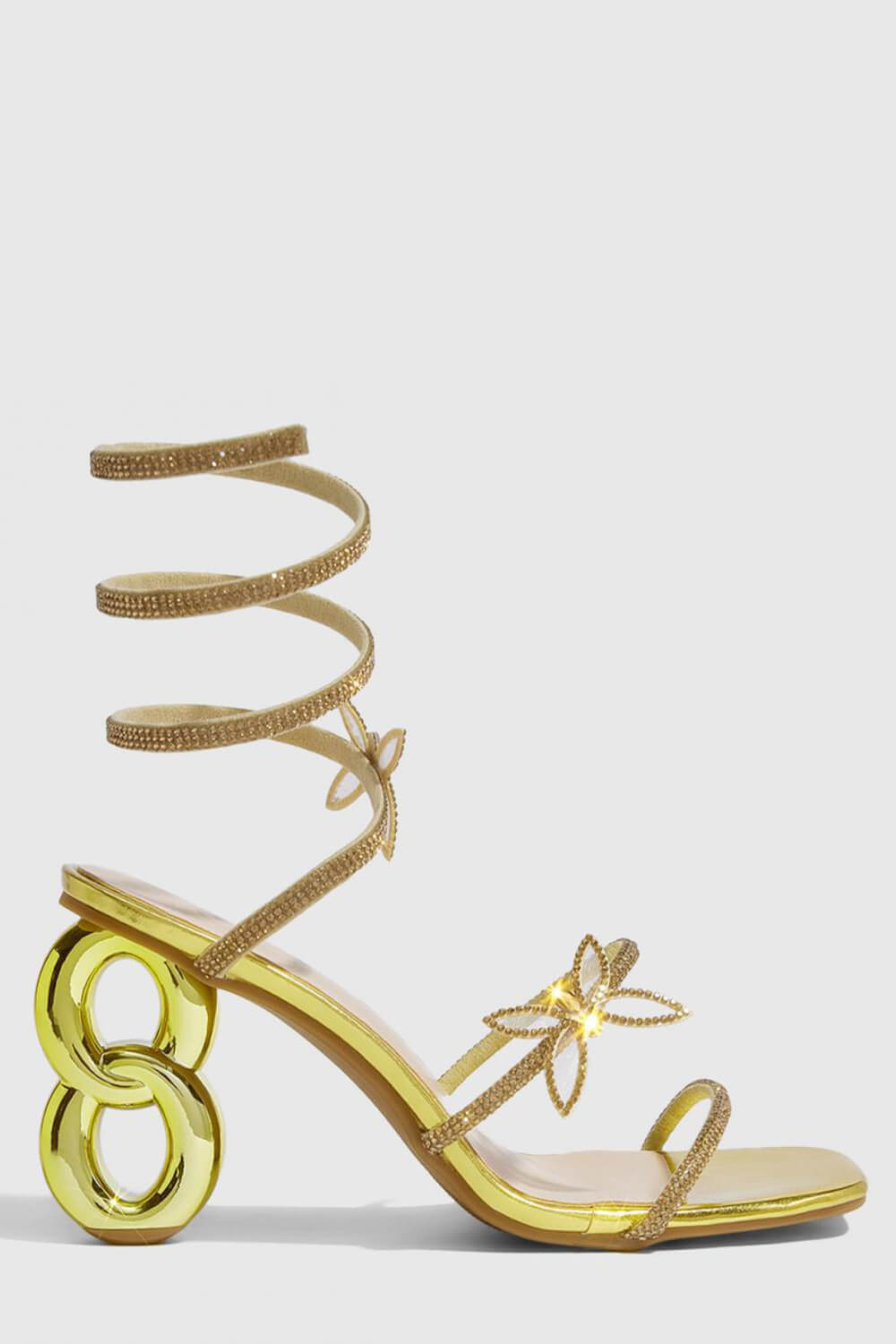 Crystal-Embellished Butterfly Snake Ankle Wrap Chain Heeled Sandals