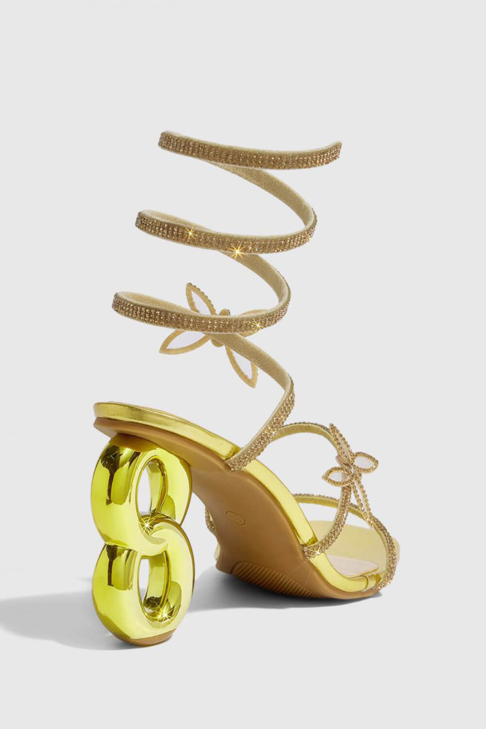 Crystal-Embellished Butterfly Snake Ankle Wrap Chain Heeled Sandals