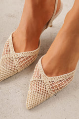 Textured Mesh Pointed Toe Slingback Kitten Court Heels