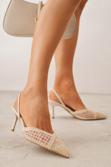 Textured Mesh Pointed Toe Slingback Kitten Court Heels