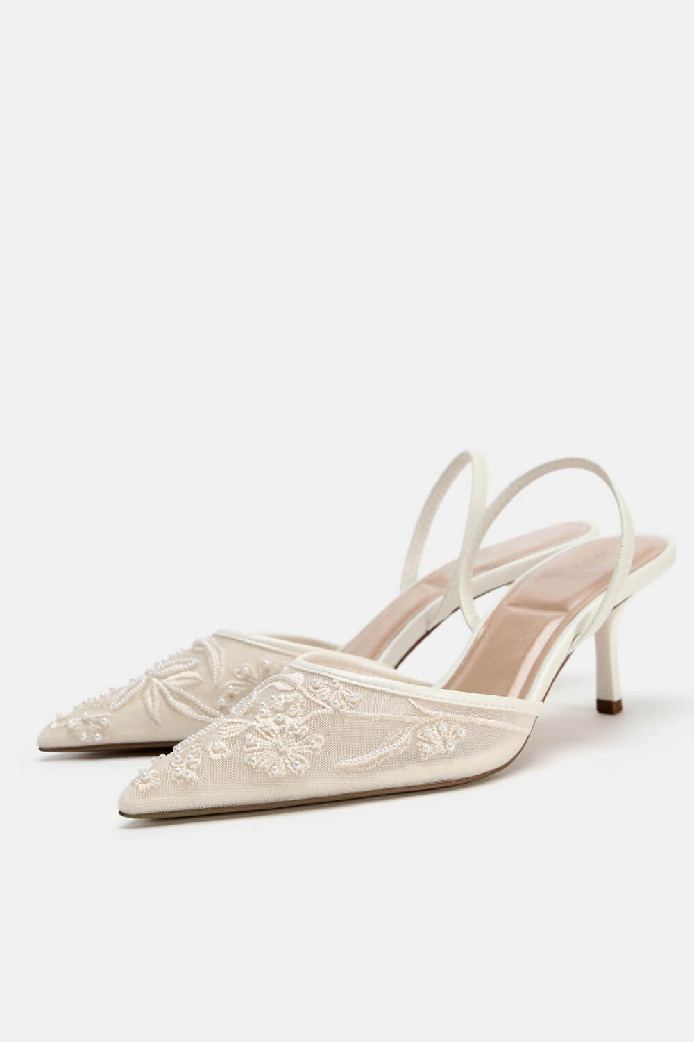 Bridal Beaded Embroidered Mesh Pointed Toe Slingback Kitten Court Heels