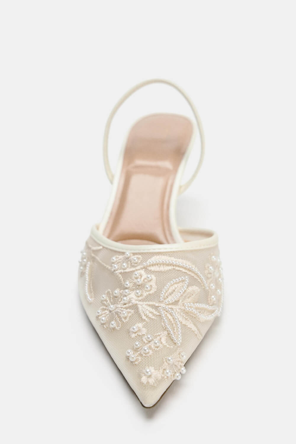 Bridal Beaded Embroidered Mesh Pointed Toe Slingback Kitten Court Heels