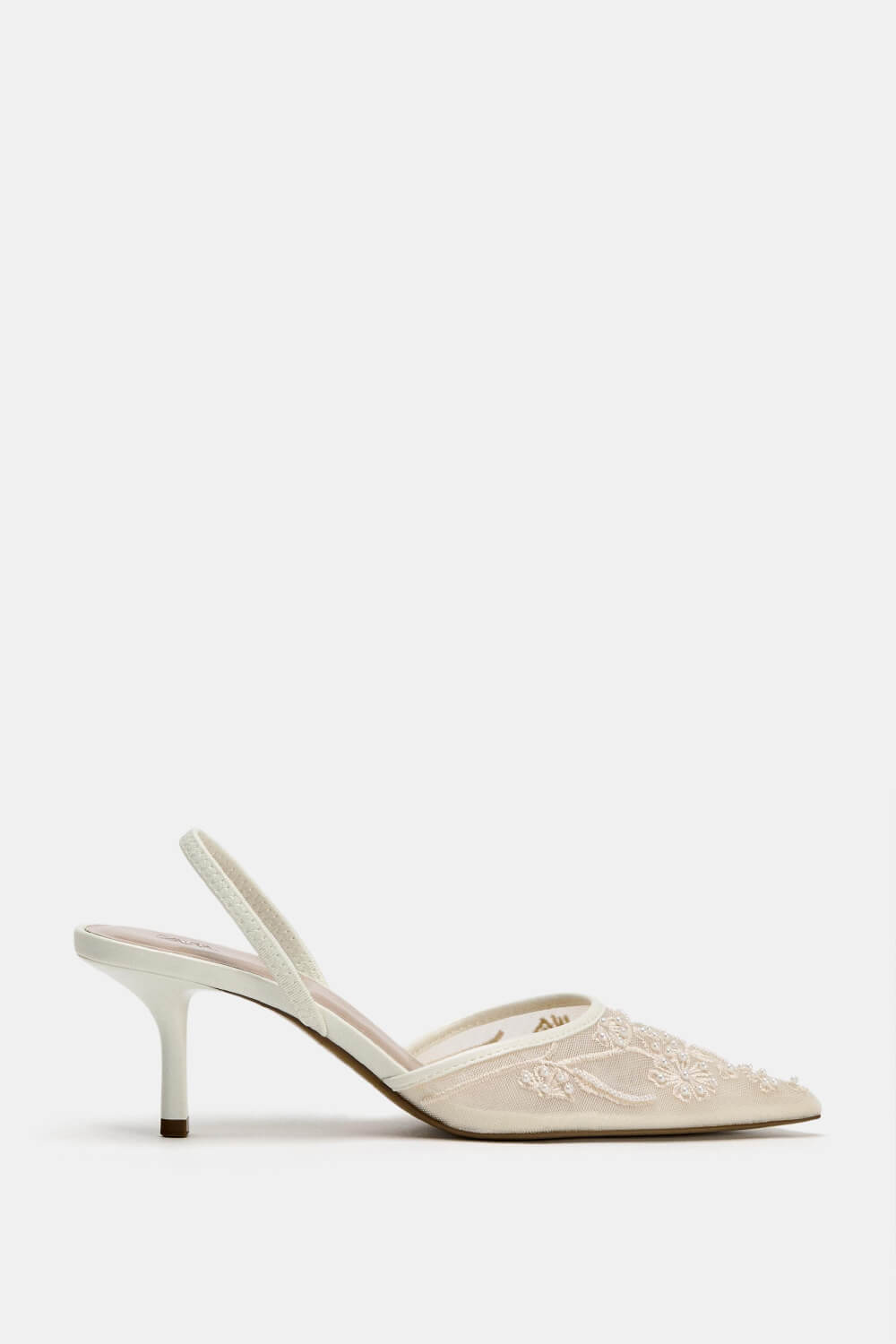 Bridal Beaded Embroidered Mesh Pointed Toe Slingback Kitten Court Heels