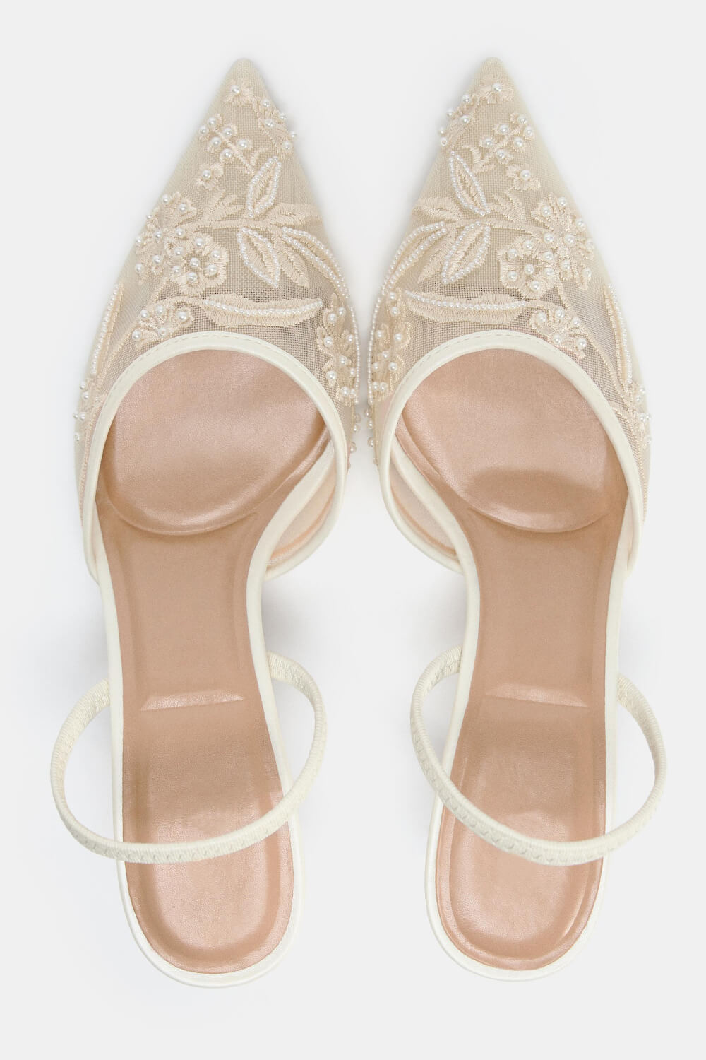 Bridal Beaded Embroidered Mesh Pointed Toe Slingback Kitten Court Heels