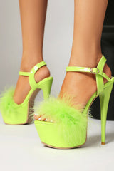 Open Toe Fluffy Feather Ankle Strap Platform Stiletto High Heel Sandal