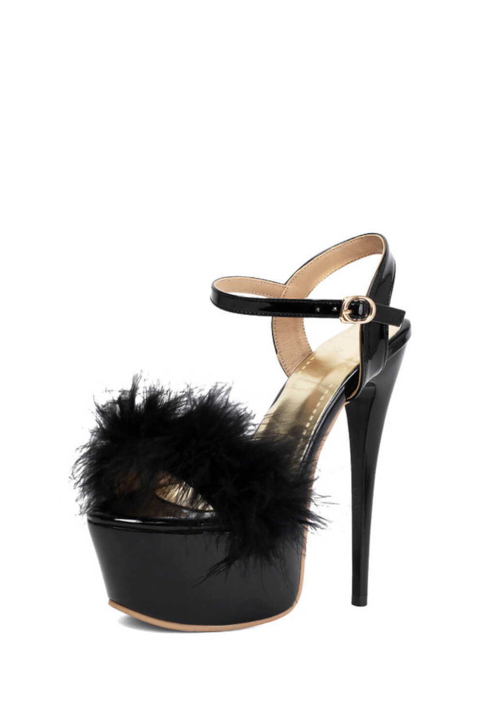 Open Toe Fluffy Feather Ankle Strap Platform Stiletto High Heel Sandal