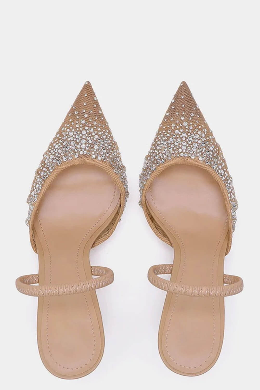 Mesh Diamante Embellished Slingback Pointed Toe Kitten Heels