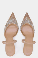 Mesh Diamante Embellished Slingback Pointed Toe Kitten Heels