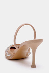 Mesh Diamante Embellished Slingback Pointed Toe Kitten Heels
