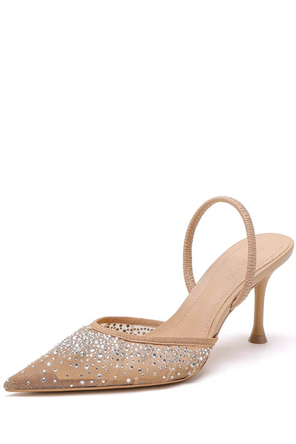 Mesh Diamante Embellished Slingback Pointed Toe Kitten Heels