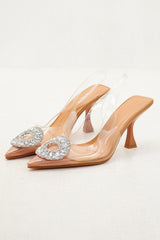 Rhinestone Embellished Clear Perspex Pointed Toe Slingback Court Heel Sandals
