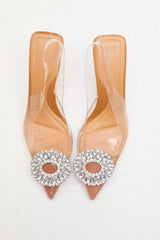 Rhinestone Embellished Clear Perspex Pointed Toe Slingback Court Heel Sandals