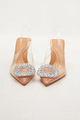 Rhinestone Embellished Clear Perspex Pointed Toe Slingback Court Heel Sandals