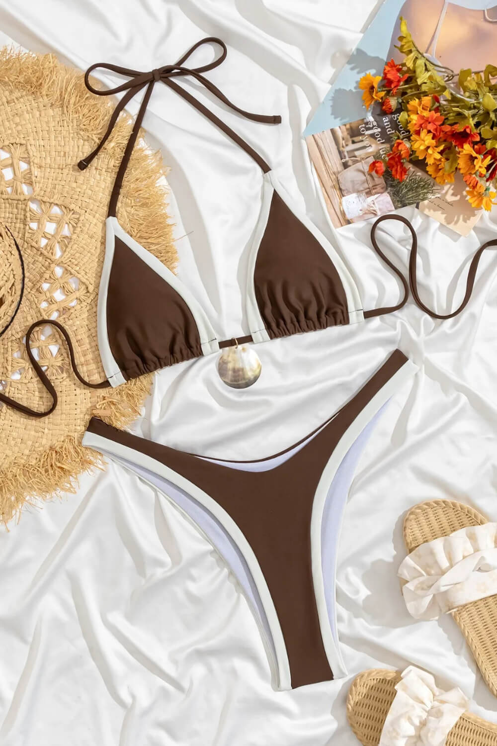 Contrast Chocolate White Color Blocking Halter Tie Side Bikini Set
