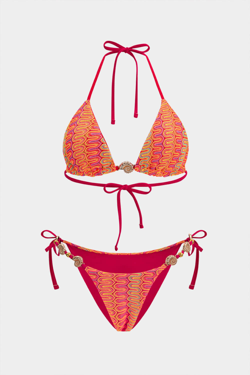Multi Textured Crochet Triangle Halter Tie Side Bikini Set With Gold Shell Hardware Detail